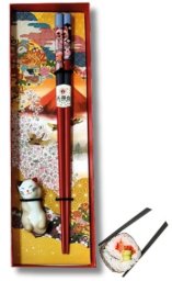 Golden Turtle Brand Pałeczki do sushi bambusowe 1 para z podstawką kotek w pudełku na prezent