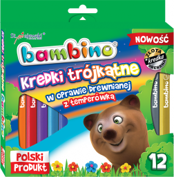 St. Majewski Kredki BAMBINO w oprawie drewnianej o przekroju trójkątnym, 12 kolorów, z temperówką