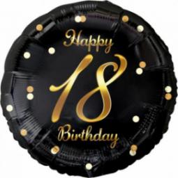 GoDan Balon foliowy Happy 18 Birthday, czarny, nadruk złoty, 18"