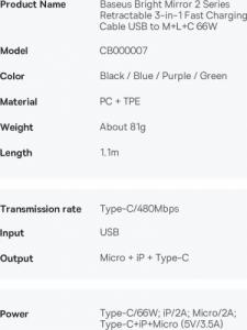 Kabel USB Baseus USB-A - USB-C + microUSB + Lightning 1.1 m Czarny (BSU3355BLK) 4