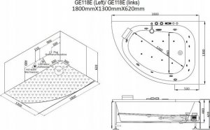 Wanna AWT Narożna Wanna Z Hydromasażem 180/130 z Baterią 7