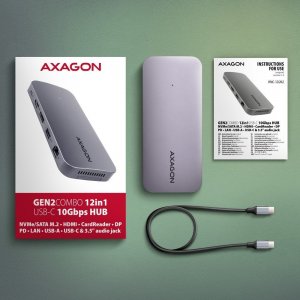 HUB USB Axagon HMC-12GM2 hub USB 12 in1 10Gbps, 3x USB-A, USB-C, HDMI, DP, RJ-45, M.2, SD/mSD, audio, PD 11