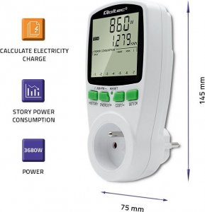 Qoltec Watomierz Licznik zużycia energii PM0627 z historiš pomiaru | 3680W | 16A | LCD 10