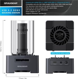 Stacja dokująca Graugear Graugear Docking + Kartenleser für 1x M.2 NVMe, 1x M.2 NGFF, 1x CF-Express 3
