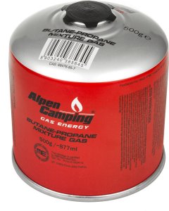 Alpen Kartusz gazowy 500g Alpen Camping. certyfikat: Pi 0437, zgodny z EN417, propan-butan, zakres -10°c do+ 40°c, zawór gwintowany 7/ 4