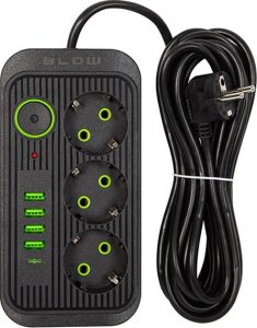 Blow 98-235# Przedłużacz sieciowy ps-350u 3-gniazda 4xusb 1xusb-c 5m czarny 2x1mm 2