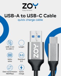 Kabel USB ZOY USB-A - USB-C 1 m czarno-srebrny (ZCAC1) 4