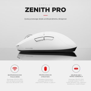 Mysz Rampage Zenith Pro 26000 DPI biała + odbiornik 4 KHz PAW3395 BT 5.2 (ZENITHPRO-WHITE) 10