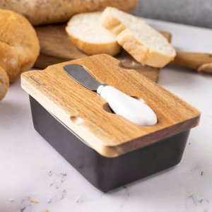PORCELANOWA MASELNICZKA Z NOŻYKIEM POKRYWKA AKACJA KLAUSBERG KB-7784 CZARNA 2
