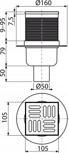 ALCADRAIN Kratka ściekowa 105×105/50 mm odpływ pionowy syfon mokry 2