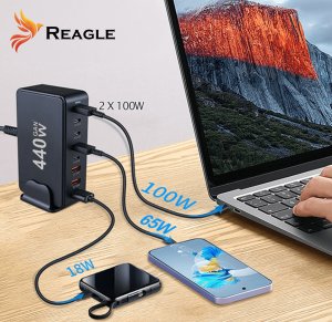 Zasilacz do laptopa Reagle SZYBKA ŁADOWARKA 8 w 1 GaN III 440W PD 5x USB C 3x QC 3.0 DO LAPTOPA IPHONE 2
