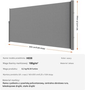 Vevor Markiza boczna parawan na taras roleta przeciwsłoneczna szara 160 x 300 cm 2