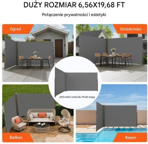 Vevor Markiza boczna parawan osłona na taras roleta przeciwsłoneczna 200 x 600 cm 5