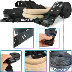 Revity Kółka gimnastyczne drewniane koła do ćwiczeń Gym Rings z miarką i owijkami 3