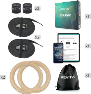 Revity Kółka gimnastyczne drewniane koła do ćwiczeń Gym Rings z miarką i owijkami 4