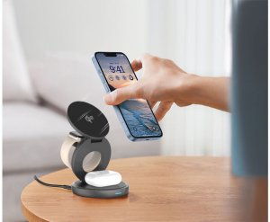 Ładowarka Prestigio Twist 3-in-1, wireless Qi2 charging station for iPhone (15W), AppleWatch (2.5W) & AirPods (5W), Qi2 certified, magnetic charging pads with stand function, foldable, power adapter 30W, USB-C charging cable 1 m, space gray 2