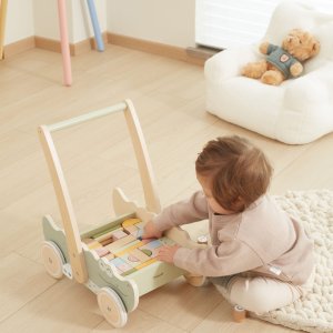 Ecotoys Viga Drewniany Wózek Na Klocki Pchacz 4