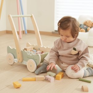 Ecotoys Viga Drewniany Wózek Na Klocki Pchacz 9