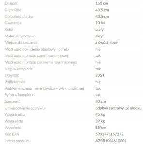 Wanna Cersanit WANNA WOLNOSTOJĄCA PRZYŚCIENNA CREA 150X80 4