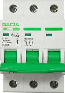 Wyłącznik nadmiarowoprądowy,6kA,B,3-pola,50A GACIA SB6L B 3P 50A 4