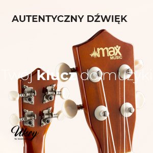 Max Zestaw: Ukulele sopranowe UKEY brązowe+ tuner dwie kostki struny pokrowiec one size 22