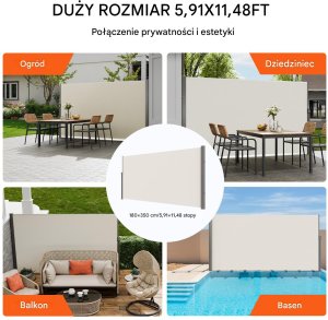 Vevor Markiza boczna parawan osłona na taras roleta przeciwsłoneczna 180 x 350 cm 5