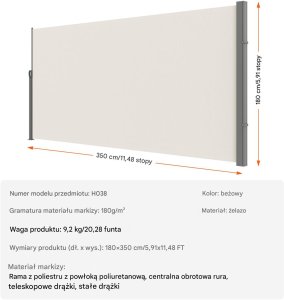 Vevor Markiza boczna parawan osłona na taras roleta przeciwsłoneczna 180 x 350 cm 6