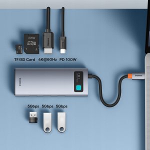 HUB USB Baseus Metal Gleam 1x SD 1x USB-C PD 1x microSD 1x HDMI  + 3x USB-A 2.0 3.0 (6932172682750) 3