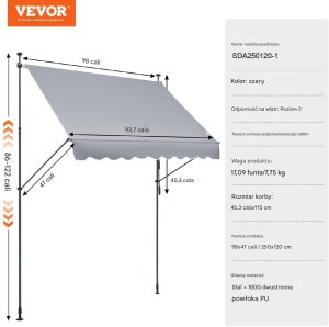 Vevor Markiza Tarasowa 250 x 120 cm z Korbką Ręczną 2