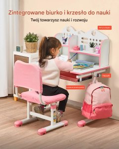 Vevor Biurko dla dziecka z krzesłem regulowane z półką szufladą różowe do nauki 11