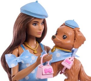 Lalka Barbie Mattel Twinning Looks - Jednakowa stylizacja w groszki z pieskiem (JFP38) 4