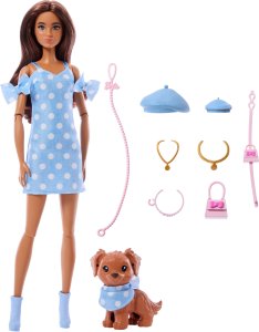 Lalka Barbie Mattel Twinning Looks - Jednakowa stylizacja w groszki z pieskiem (JFP38) 2