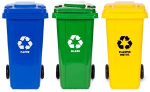 Kosz na śmieci Multistore Zestaw 3 koszy na śmieci pojemniki 3x120L niebieski zielony żółty makulatura szkło plastik gumowe koła 2