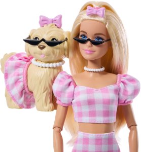 Lalka Barbie Mattel Twinning Looks - Jednakowa stylizacja w kratkę z pieskiem (JFP36) 4
