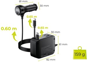 Mobile Origin 75W 5in1 Car Charger CA23 - 2x USB-C + USB-A Port, 2x USB-C Cable 2