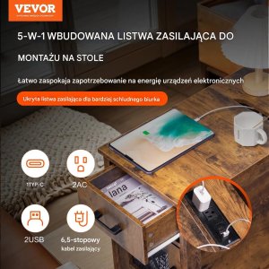 CMK Meble Stolik nocny z USB i szufladą 3-poziomowy burlywood do salonu i sypialni 4