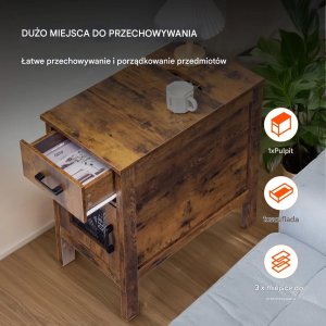 CMK Meble Stolik nocny z USB i szufladą 3-poziomowy burlywood do salonu i sypialni 6