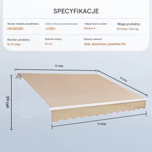KMTP Markiza tarasowa 3,6x3m osłona przeciwsłoneczna ręczna, wodoodporna, balkon 2