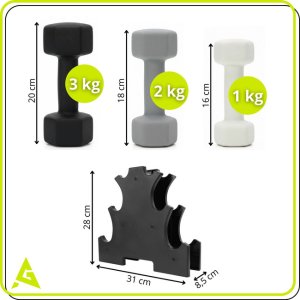 Hantle na stojaku zestaw 6 szt. obciążenia 1 kg, 2 kg, 3 kg do fitnessu, treningu domowego UNIWERSALNY 24