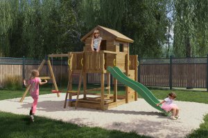 Plum Plac zabaw drewniany DUMO Zielona Osada z huśtawkami i zjeżdżalnią 8