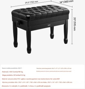 Korbi Ławka do pianina regulowana 51-59cm z pojemnikiem tapicerowana drewniana 2