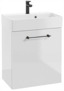 Stamar Szafka łazienkowa wisząca biały połysk, czarne uchwyty 60x50cm bateria i syfon Elara 3