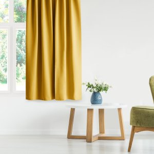 Fabryka Firan Zasłona blackout 90% na taśmie z szarfą 200x175 cm musztardowa Restilo 5