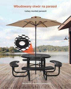 vidaXL Stół piknikowy okrągły 117 cm  - stal malowana z otworem na parasol 4