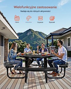 vidaXL Stół piknikowy okrągły 117 cm  - stal malowana z otworem na parasol 5