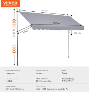 Vevor Markiza Tarasowa 400 x 120 cm z Korbką Ręczną 2