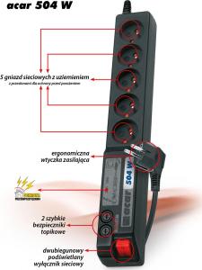 Listwa zasilająca Acar 504W przeciwprzepięciowa 5 gniazd 5 m czarna (W0071) 2