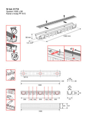 Maxpol System 1000x98mm kanał z kratą PP LINE A15 czarny 2