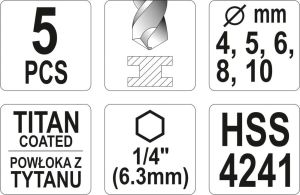 Wiertło Yato do metalu tytanowe sześciokątne 4 5 6 10 8mm zestaw (YT-44700) 3
