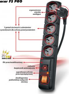 Listwa zasilająca Acar F5 PRO przeciwprzepięciowa 5 gniazd 3 m czarna (W0093) 2